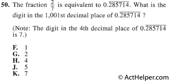 50. The fraction is equivalent to 0.285714. What is the digit in the 1,001st decimal place of 0.285714 ? (Note: The digit in the 4th decimal place of 0.285714 is 7.)