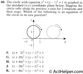 60. The circle with equation x2 + (y — 1)2 = 1 is graphed in the standard (x,y) coordinate plane below. Suppose the circle rolls along the positive x-axis for 2 rotations and then stops. Which of the following is an equation of the circle in its new position?