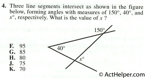 4. Three line segments intersect as shown in the figure below, forming angles with measures of 150°, 40°, and x°, respectively. What is the value of x ?