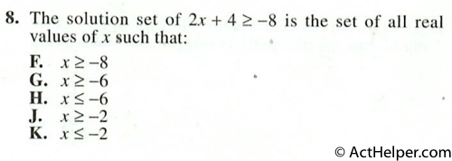 8. The solution set of 2x + 4 —8 is the set of all real values of .v such that: