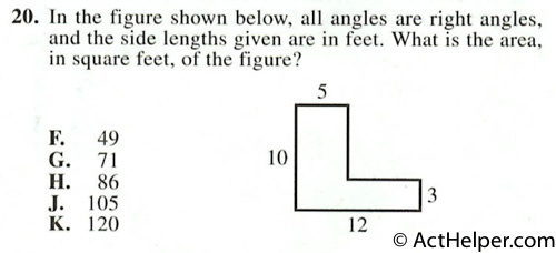 20. In the figure shown below, all angles are right angles, and the side lengths given are in feet. What is the area, in square feet, of the figure?