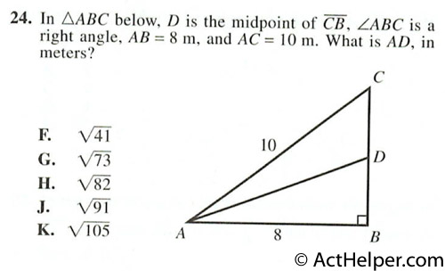 24. In ABC below, D is the midpoint of CB, ZABC is a right angle, AB = 8 m, and AC = 10 m. What is AD, in meters?