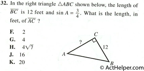 32. In the right triangle AABC shown below, the length of