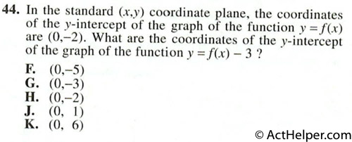 44. In the standard (x,v) coordinate plane, the coordinates of the y-intercept of the graph of the function v = f(x) are (0,-2). What are the coordinates of the v-intercept of the graph of the function y = f(x) — 3 ?