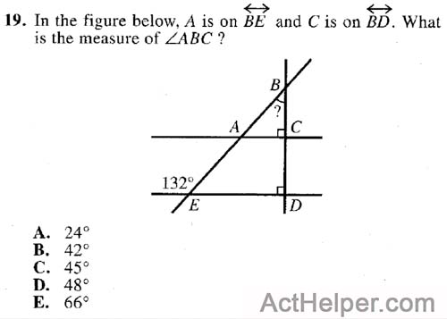 19. In the figure below, A is on BE and C is on BD. What is the measure of ZABC ?