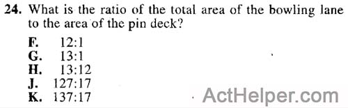 24. What is the ratio of the total area of the bowling lane to the area of the pin deck?