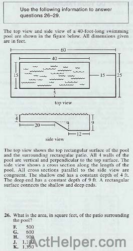 26. The top view and side view of a 40-foot-long swimming pool are shown in the figure below. All dimensions given are in feet. The top view shows the top rectangular surface of the pool and the surrounding rectangular patio. All 4 walls of the pool are vertical and perpendicular to the top surface. The side view shows a cross section along the length of the pool. All cross sections parallel to the side view are congruent. The shallow end has a constant depth of 4 ft. The deep end has a constant depth of 9 ft. A rectangular surface connects the shallow and deep ends.