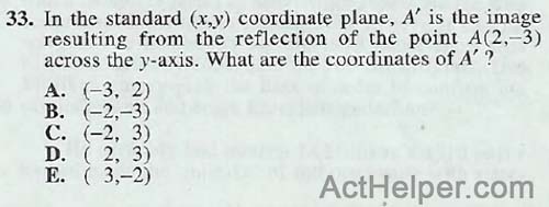 33. In the standard (x,y) coordinate plane, A’ is the image resulting from the reflection of the point A(2,-3) across the y-axis. What are the coordinates of A’ ?