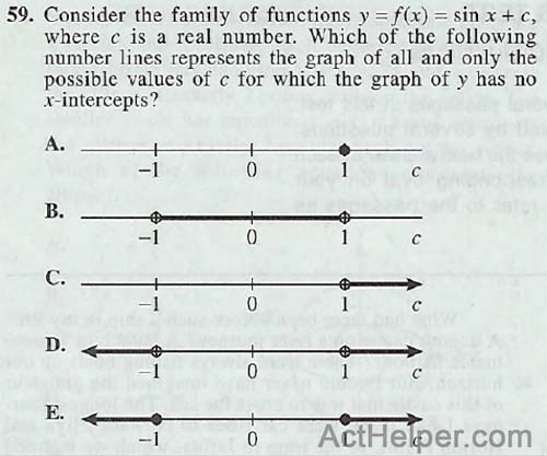 59. Consider the family of functions y = f(x)= sin x + c, where c is a real number. Which of the following number lines represents the graph of all and only the possible values of c for which the graph of y has no x-intercepts?