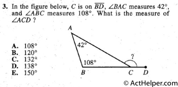 3.In the figure below, C is on BD, LBAC measures 42~,
and LABC measures 108°. What is the measure of
LACD?