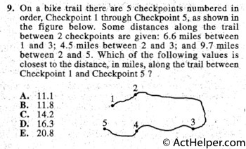 9. On a bike trail there 'are 5 2heckpoints numbered in
order, Checkpoint 1 through Checkpoint 5,.as shown in
the figure below. Some di!ltances along the trail
between 2 checkpoints are given: 6.6 miles between
1 and 3; 4.5 miles between 2 and 3; and 9.7 miles
betwe~ri 2 and 5. Which .of the following values is
closest to the distance, in miles, along the tr.ail between
Checkpoint 1 and Checkpoint 5 ?