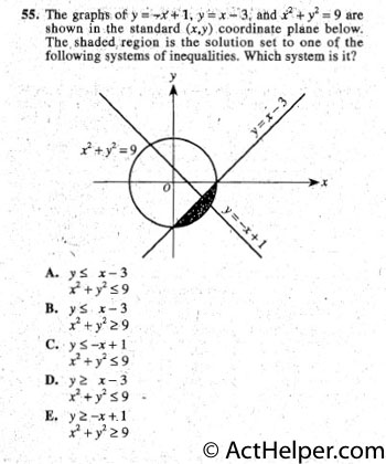 55. ·The graph of y= x+1, y= x-3 and x2 + y2= 9 are
shown in the standard (x,y) coordinate plane below.
The, shaded region is the solution set to one o{ the
following systems of inequalities. Which system is it?