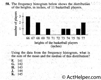 58. The frequency histogram below shows the distribution '
of the heights, in inches, of 11 basketball players.

Using the data from the frequency histogram, what is
the sum of the mean the median of this distribution?