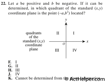 22. Let a be positive and b be negative. If it can be determined, in which quadrant of the standard (x,y) coordinate plane is the point (−a,b2) located?
