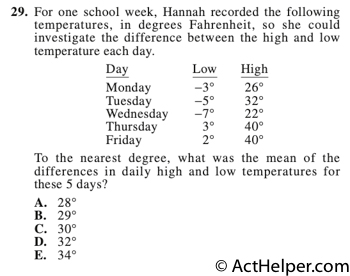 29. For one school week, Hannah recorded the following temperatures, in degrees Fahrenheit, so she could investigate the difference between the high and low temperature each day.

Day
Monday Tuesday Wednesday Thursday Friday
Low High
−3° 26° −5° 32° −7° 22° 03° 40° 02° 40°

To the nearest degree, what was the mean of the differences in daily high and low temperatures for these 5 days?