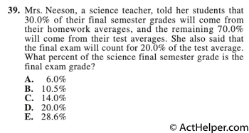 39. Mrs. Neeson, a science teacher, told her students that 30.0% of their final semester grades will come from their homework averages, and the remaining 70.0% will come from their test averages. She also said that the final exam will count for 20.0% of the test average. What percent of the science final semester grade is the final exam grade?