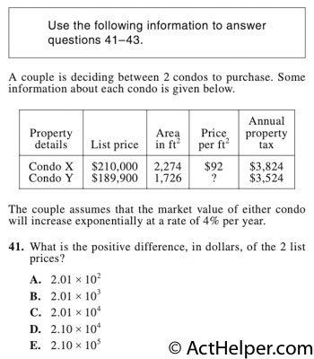 42. The couple will consider the price per square foot of each condo. Let x and y be the price per square foot, rounded to the nearest $1, of Condo X and Condo Y, respectively. One of the following comparisons is true. Which one?