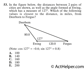 53. In the figure below, the distances between 2 pairs of cities are shown, as well as the angle formed at Ewing, which has a measure of 127°. Which of the following values is closest to the distance, in miles, from Deerborn to Fergus?