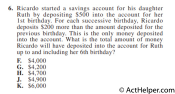 6. Ricardo started a savings account for his daughter Ruth by depositing $500  into the account for her 1st  birthday. For each successive birthday, Ricardo deposits $200  more than the amount deposited for the previous birthday. This is the only money deposited into the account. What is the total amount of money Ricardo will have deposited into the account for Ruth up to and including her 6th birthday?
